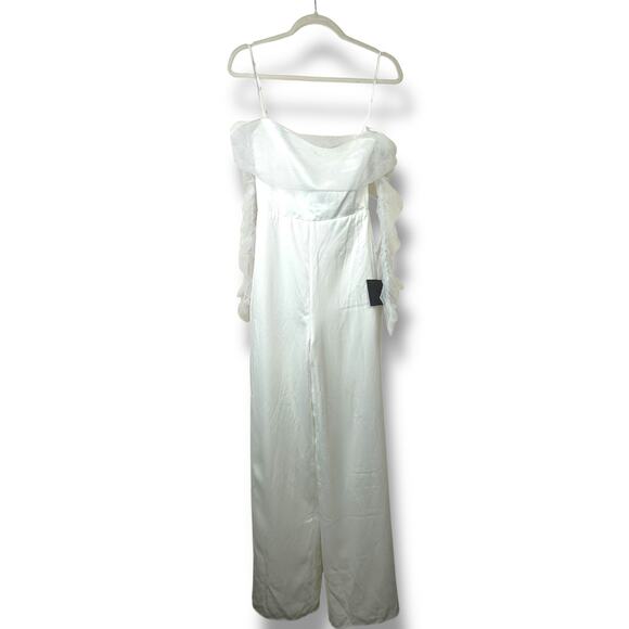 Lulus NWT Eternal Bliss White Tulle Off-the-Shoulder Wide-Leg Sleek Jumpsuit XS - Picture 3 of 10